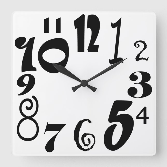 Funky black numbers on white square wall clock (Front)
