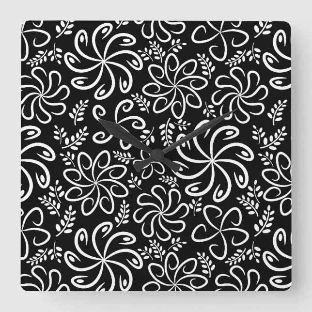 Funky black white flowers Wall Clock (Front)