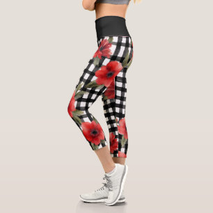 Funky Black & White Pattern Red Flower Capri Leggings