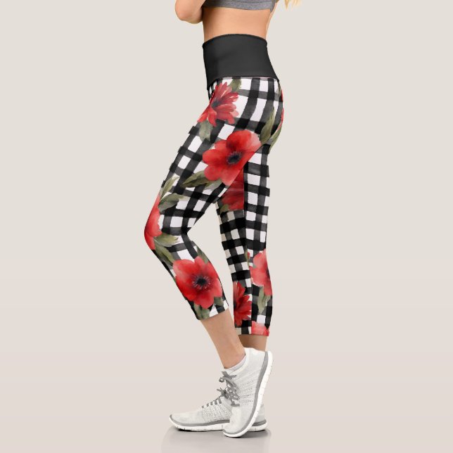 Funky Black & White Pattern Red Flower Capri Leggings (Left)