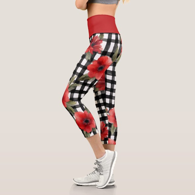 Funky Black & White Pattern Red Flower Capri Leggings (Left)