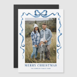 Funky Blue Christmas Bow Photo Magnetic Card