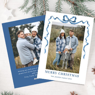 Funky Blue Christmas Bow Ribbon 2 Photo Holiday Card