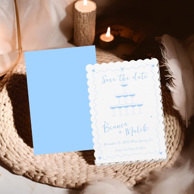 Funky Blue Handwritten Champagne Tower Wedding  S Save The Date (Creator Uploaded)