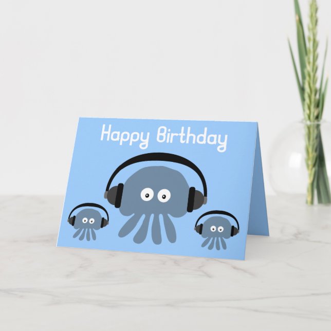 Funky Blue Jellyfish DJ Birthday Greeting Card (Front)