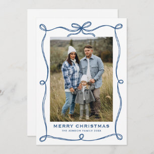 Funky Blue Merry Christmas Bow Ribbon 2 Photo Holiday Card