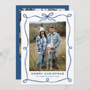 Funky Blue Merry Christmas Bow Ribbon 5 Photo Holiday Card