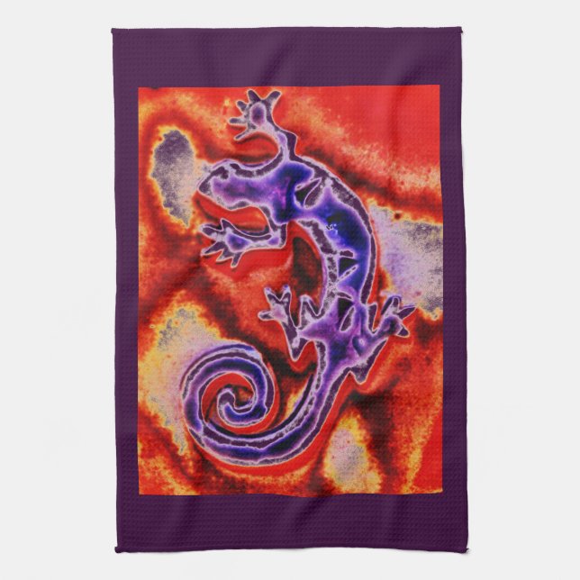 Funky Blue Purple Orange Lizard Gecko Southwestern Tea Towel (Vertical)
