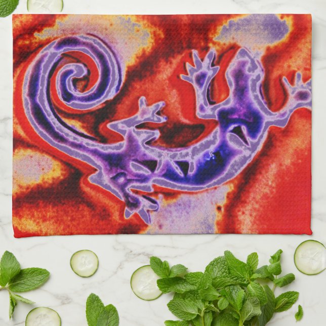 Funky Blue Purple Orange Lizard Gecko Southwestern Tea Towel (Folded)