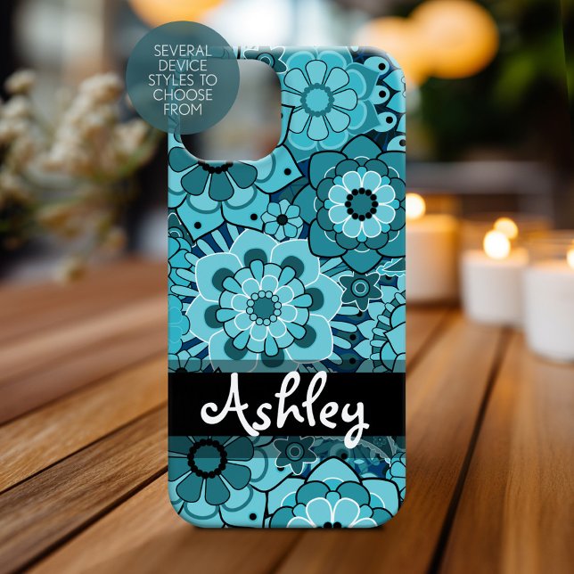 Funky Blue Retro Floral Pattern with Name (Personalized Phone Case)
