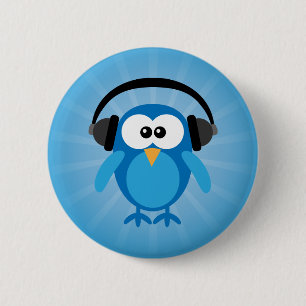 Funky Blue Retro Owl With Headphones 6 Cm Round Badge