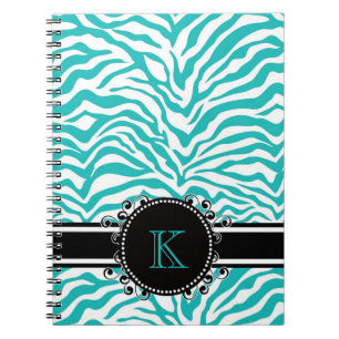 Funky Blue Zebra Print with Ribbon Monogram Spiral Notebook