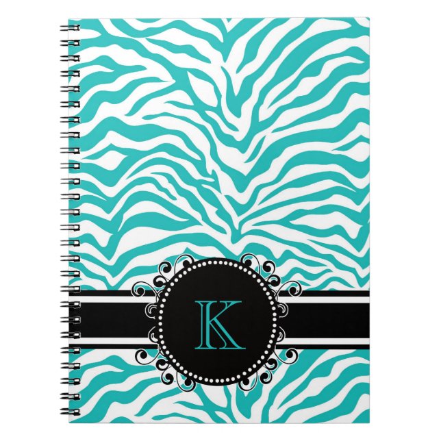 Funky Blue Zebra Print with Ribbon Monogram Spiral Notebook (Front)