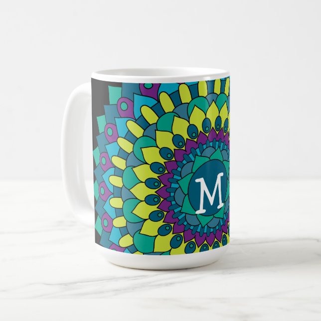 Funky Bohemian Flower Petals with Monogram Coffee Mug (Front Left)