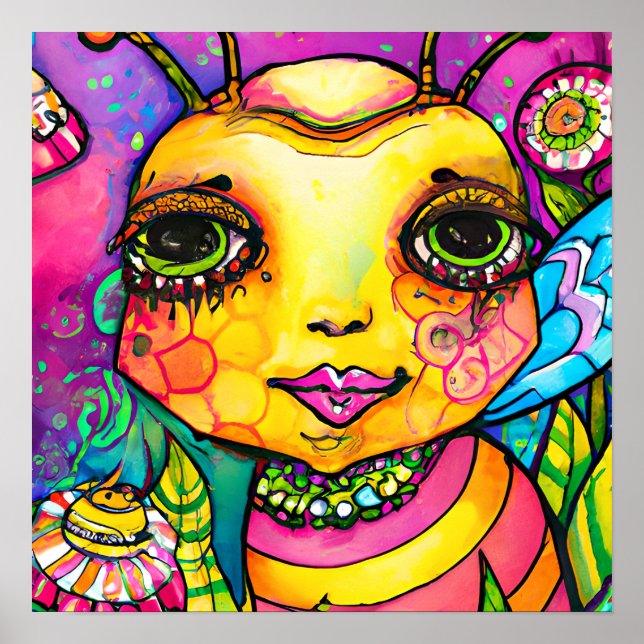 Funky Boho Bee Farm Animal Portrait Art Poster (Front)