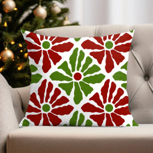 Funky Boho Christmas Poinsettia Flowers Red Green Cushion