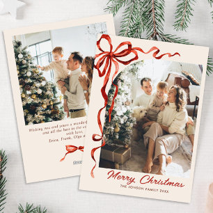 Funky Boho Christmas Red Bow Ribbon 2 Photo Holiday Card