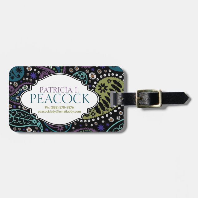 Funky Boho Hippie Peacock Paisley Personalised Luggage Tag (Front Horizontal)