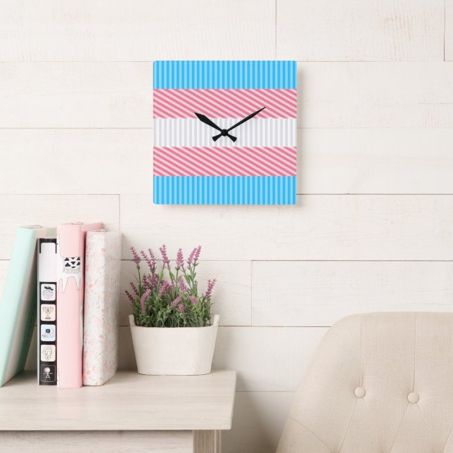 Funky Boho Stripe Abstract Transgender Pride Flag Square Wall Clock (Reading Room)