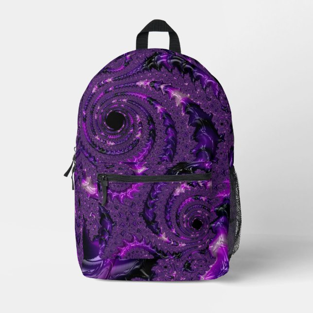 Funky Bold Boho Purple Digital Abstract Fractal Printed Backpack (Front)