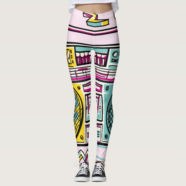 Funky Boombox Colourful Drawn Design Leggings (Front)