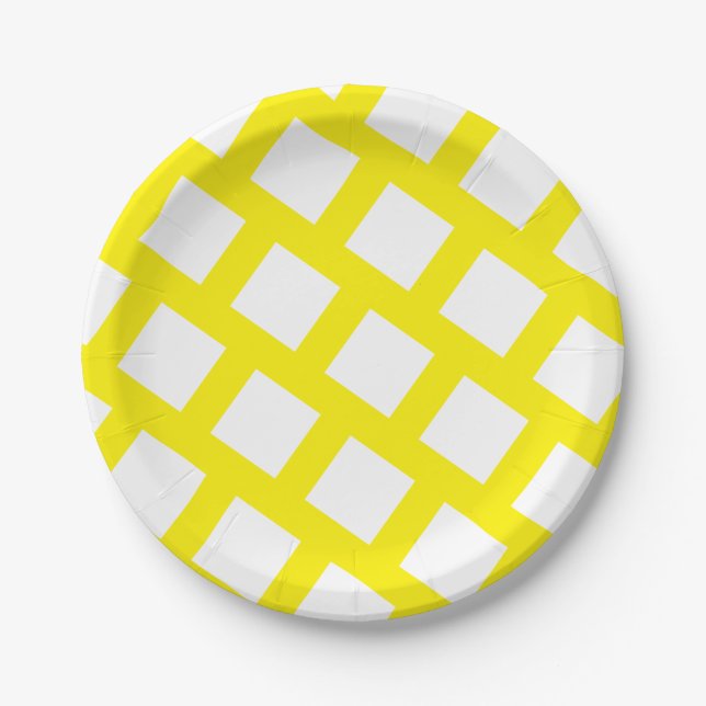 Funky Bright Yellow and White Rhombus Pattern Paper Plate (Front)