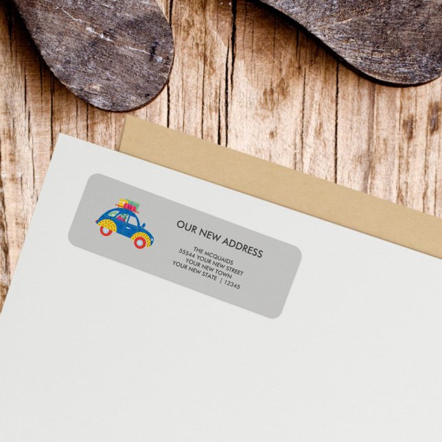 Funky Car Change of Address  (Blue car gray background Return Address Label)