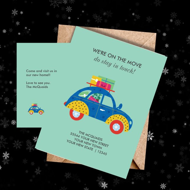 Funky Car Moving Home  Announcement Postcard (Cute colorful car moving announcement post card)