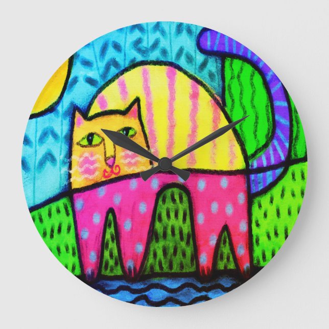 Funky Cat Abstract Painting Large Clock (Front)