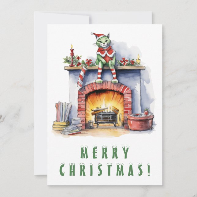 Funky Cat on Fireplace Merry Christmas Holiday Card (Front)