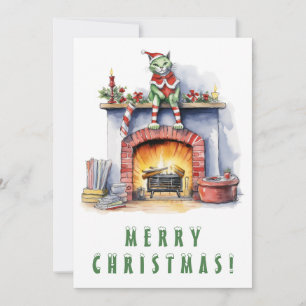 Funky Cat on Fireplace Merry Christmas Holiday Card