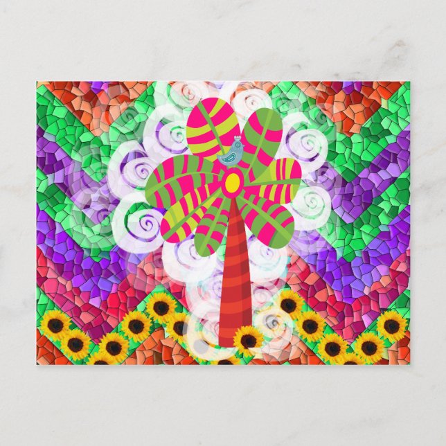 Funky Chevron Mosaic Tree Swirls Sunflowers Summer Postcard (Front)