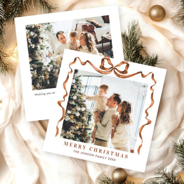 Funky Christmas Beige Boho Bow Ribbon 2 Photo Holiday Card (Creator Uploaded)