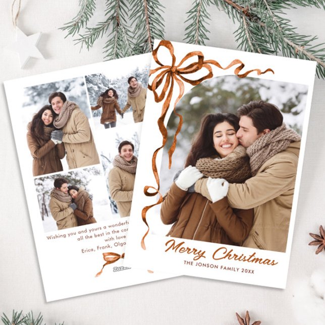 Funky Christmas Beige Boho Bow Ribbon 5 Photo Holiday Card (Creator Uploaded)