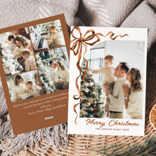 Funky Christmas Beige Boho Bow Ribbon 5 Photo Holiday Card
