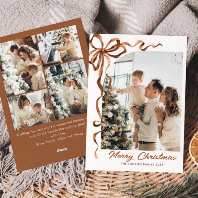 Funky Christmas Beige Boho Bow Ribbon 5 Photo Holiday Card (Creator Uploaded)