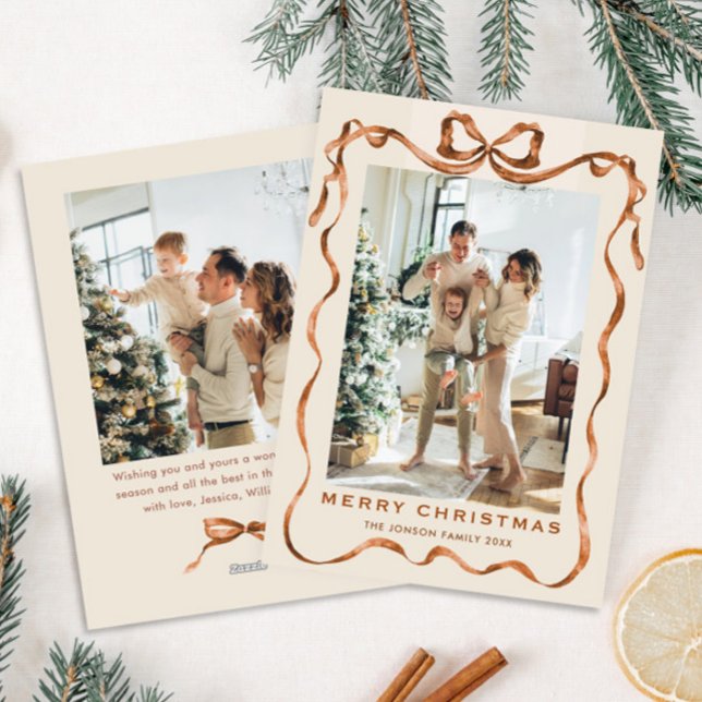 Funky Christmas Boho Beige Bow Ribbon 2 Photo Holiday Card (Creator Uploaded)