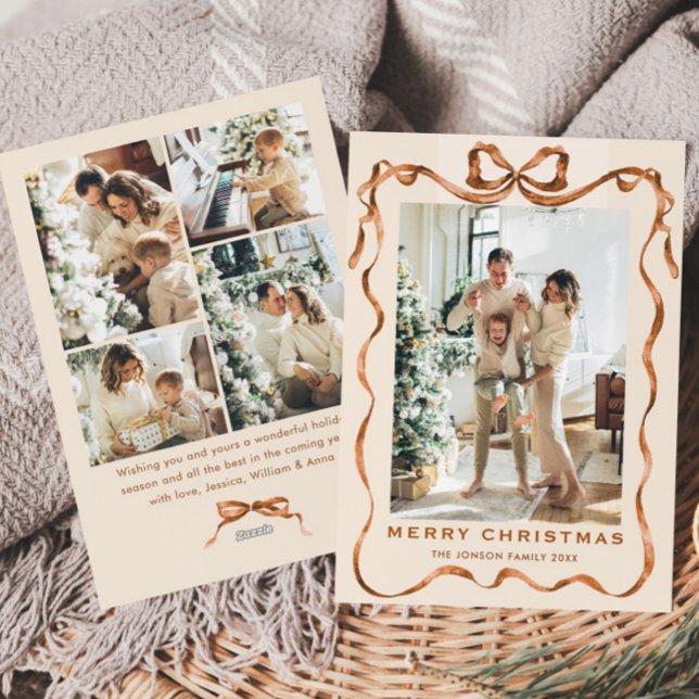 Funky Christmas Boho Beige Bow Ribbon 5 Photo Holiday Card (Creator Uploaded)