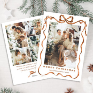 Funky Christmas Boho Beige Bow Ribbon 5 Photo Holiday Card