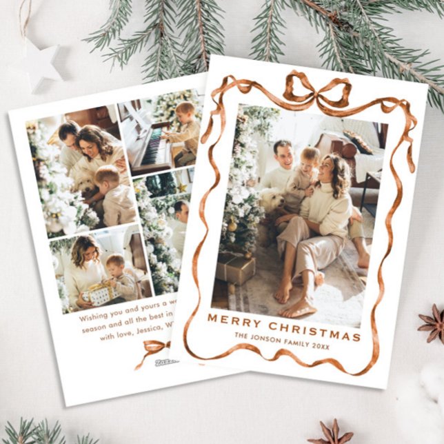 Funky Christmas Boho Beige Bow Ribbon 5 Photo Holiday Card (Creator Uploaded)
