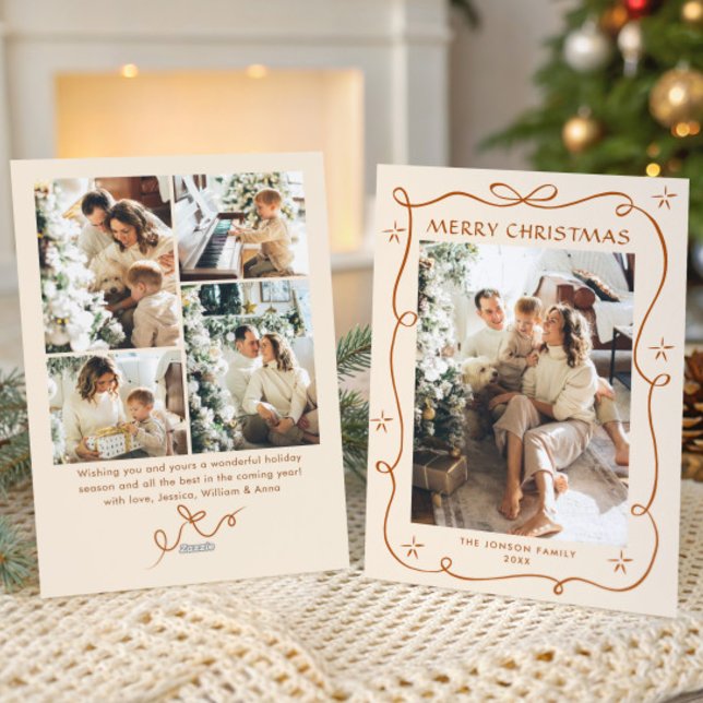 Funky Christmas Boho Beige Bow Ribbon 5 Photo Holiday Card (Creator Uploaded)