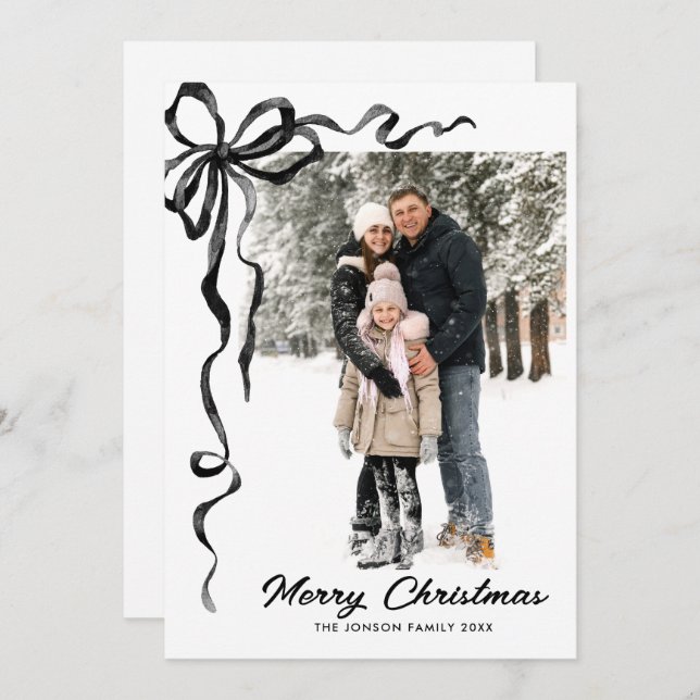 Funky Christmas Boho Black Bow Ribbon 2 Photo Holiday Card (Front/Back)