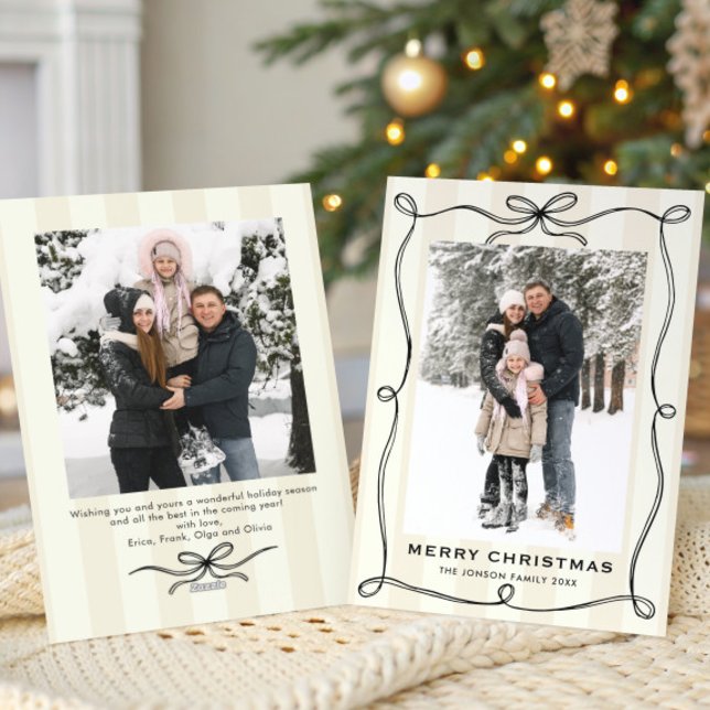 Funky Christmas Boho Black Bow Ribbon 2 Photo Holiday Card (Creator Uploaded)