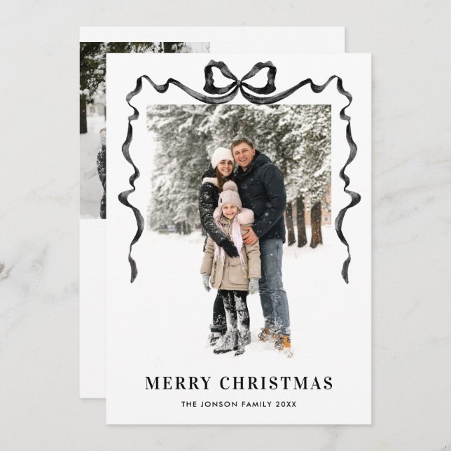 Funky Christmas Boho Black Bow Ribbon 3 Photo Holiday Card (Front/Back)