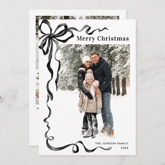 Funky Christmas Boho Black Bow Ribbon 5 Photo Holiday Card (Front/Back)
