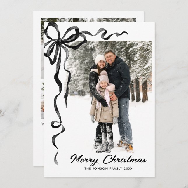 Funky Christmas Boho Black Bow Ribbon 5 Photo Holiday Card (Front/Back)