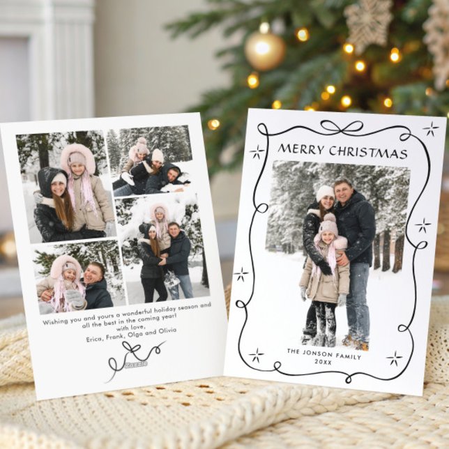 Funky Christmas Boho Black Bow Ribbon 5 Photo Holiday Card (Creator Uploaded)