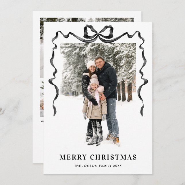 Funky Christmas Boho Black Bow Ribbon 5 Photo Holiday Card (Front/Back)