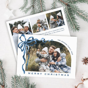 Funky Christmas Boho Blue Bow Ribbon 4 Photo Holiday Card