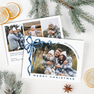 Funky Christmas Boho Blue Bow Ribbon 4 Photo Holiday Card